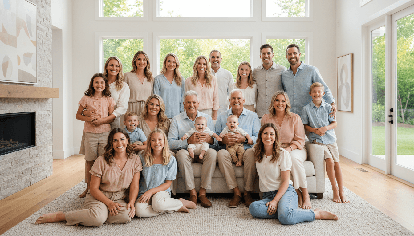 Warm family portrait with parents and children smiling together in a bright modern home