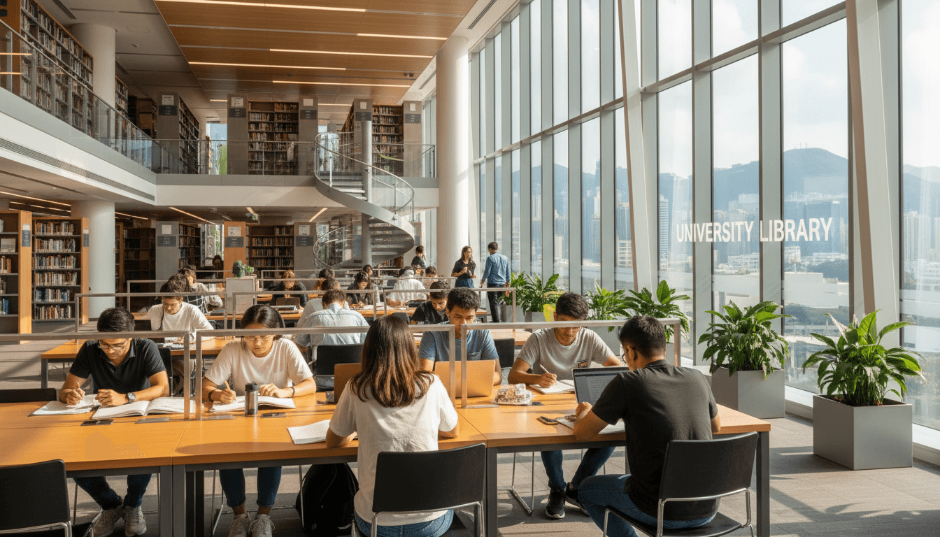 Students from South Asia studying in a bright Hong Kong university library