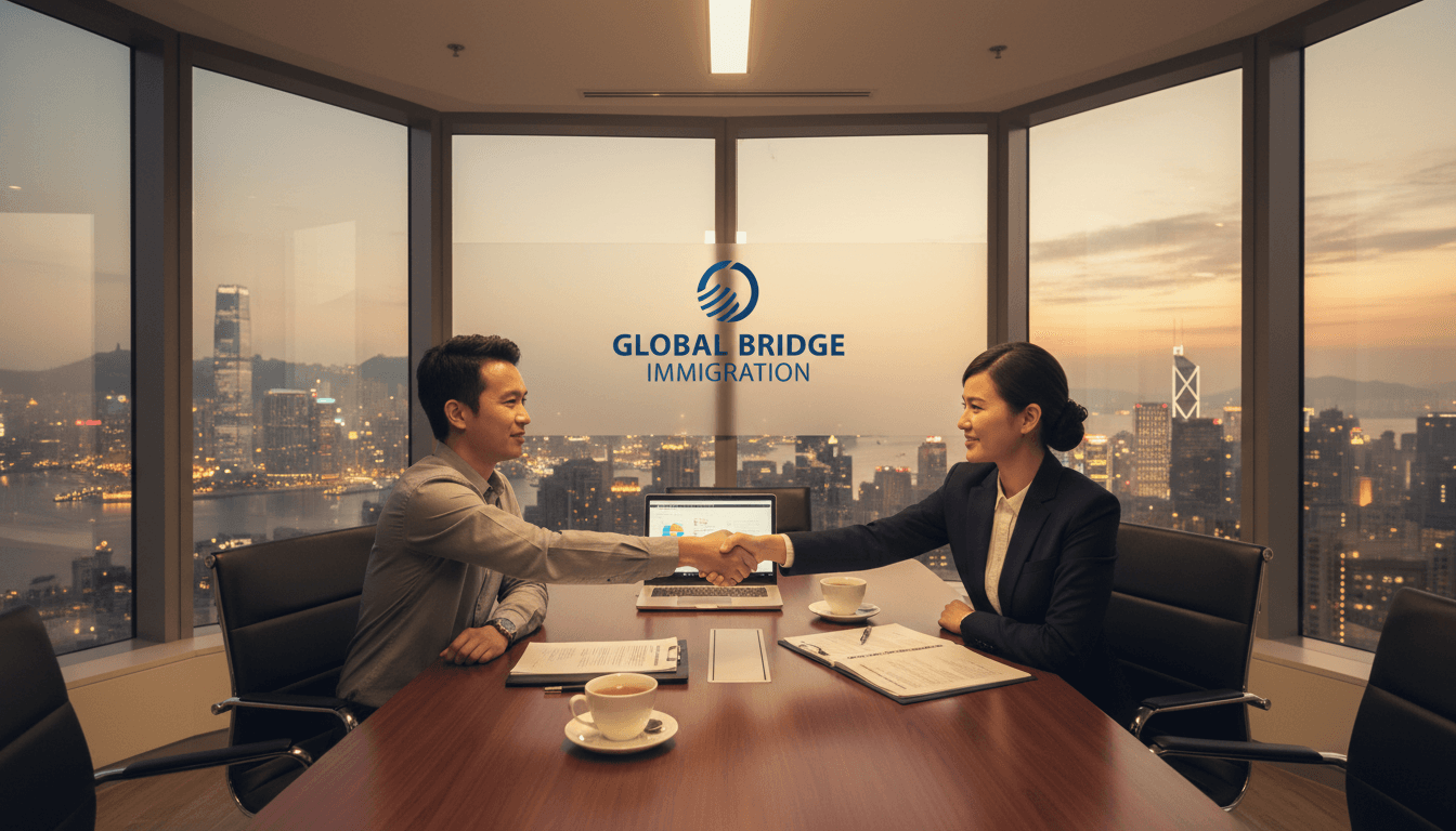 Immigration consultant reviewing visa documents with client in Hong Kong office