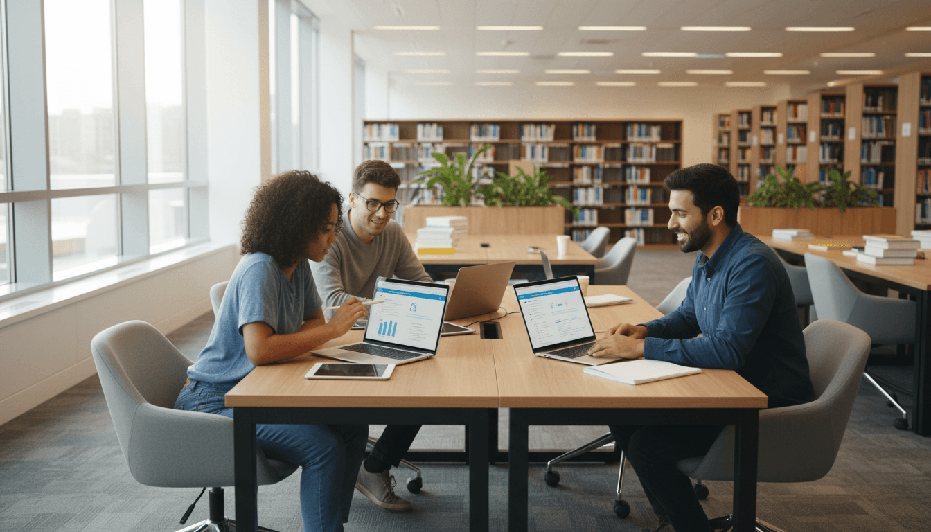 Pakistani, Indian, and Bangladeshi students collaborating on study materials in a bright educational setting